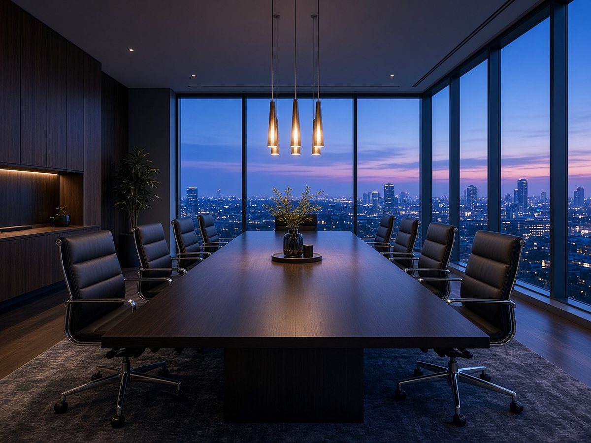 Empty boardroom with a long dark wood table overlooking a city skyline at dusk