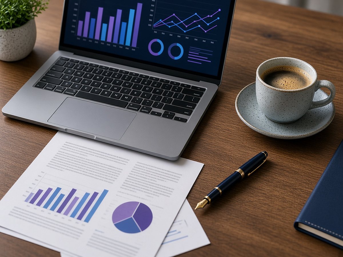Laptop with sales charts beside printed reports and a fountain pen on a walnut desk
