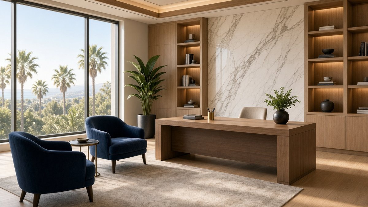 Bright modern executive office with navy armchairs, an oak desk and palm trees outside the window
