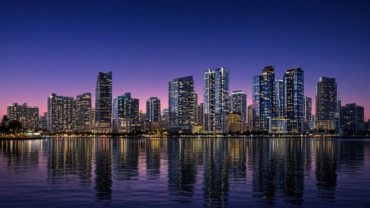 Miami skyline across Biscayne Bay at dusk